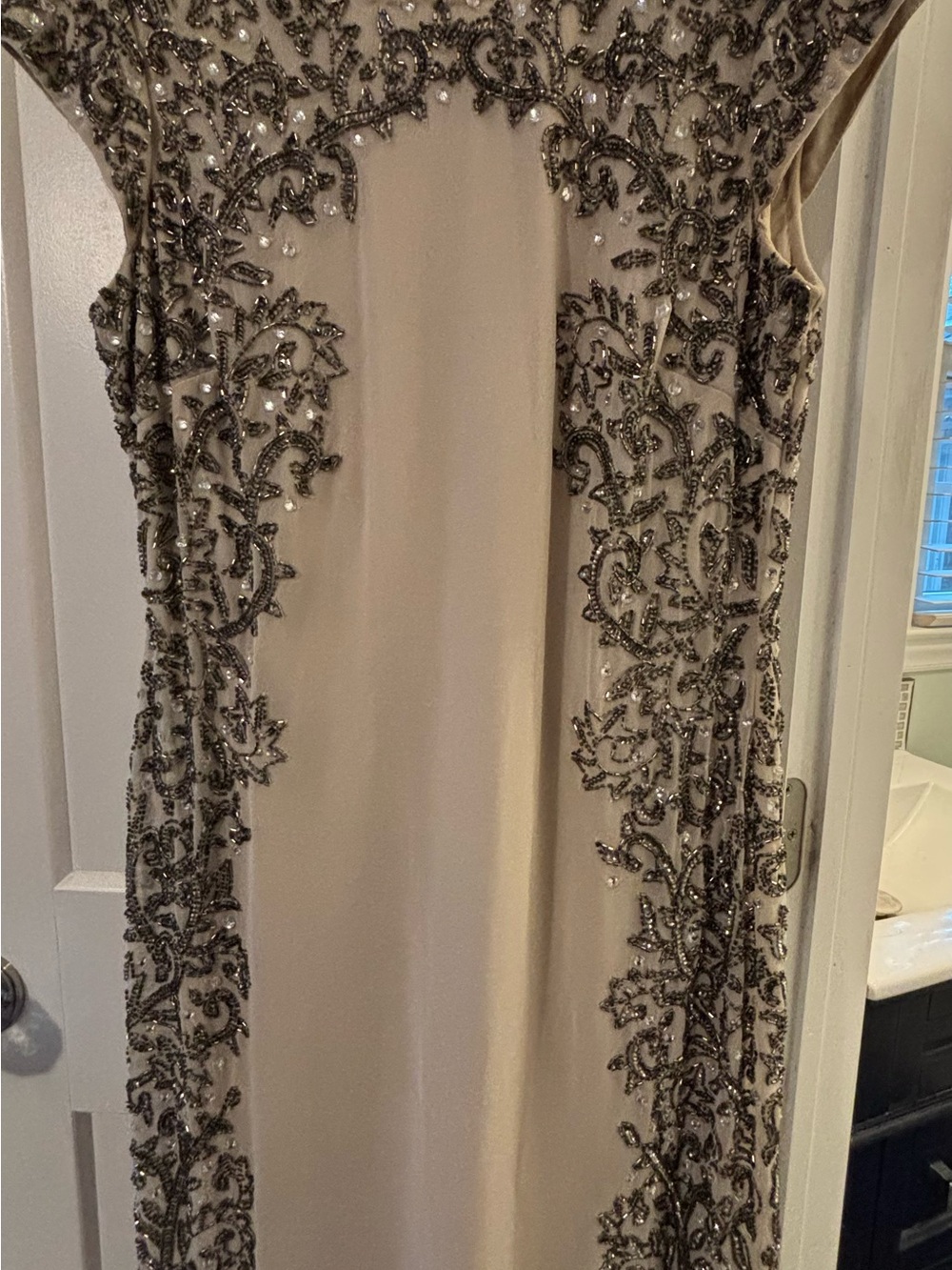Adrianna Papell Champagne Beaded Column Gown